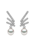 Sleek Zig-Zag Earrings, 18k White Gold with Akoya Pearls & Diamonds